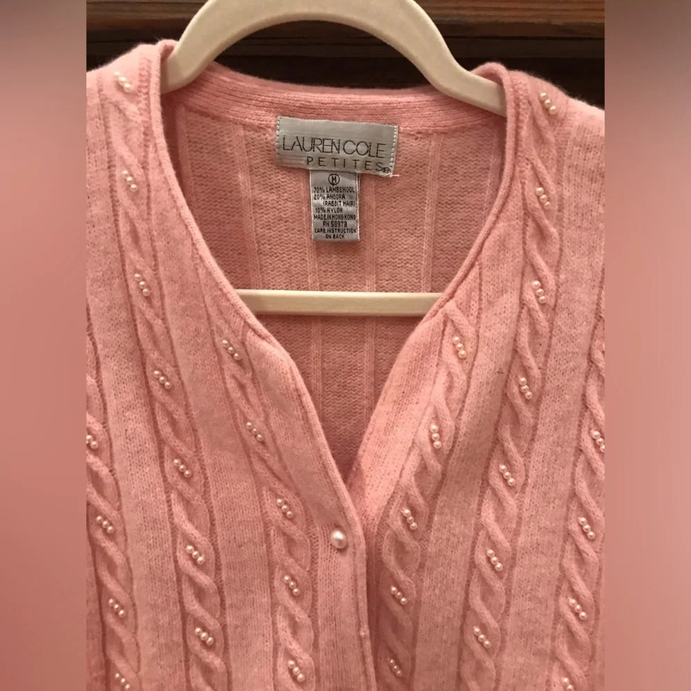 LAUREN COLE 70% Lambswool Angora Pearl Embellished Baby Pink Knit Cardigan - MP - Picture 6 of 10